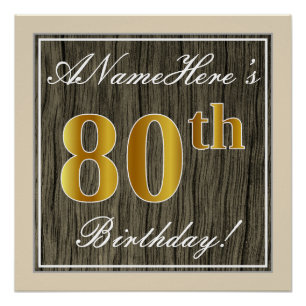 Póster Elegante, Faux Wood, Faux Gold 80th Birthday + Nam