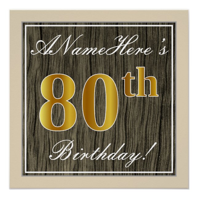 Póster Elegante, Faux Wood, Faux Gold 80th Birthday + Nam (Anverso)