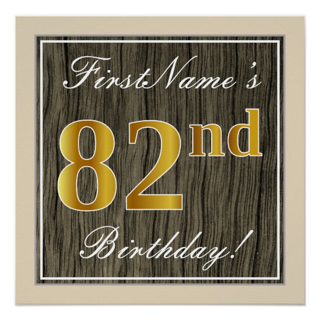 Póster Elegante, Faux Wood, Faux Gold 82nd Birthday + Nom (Anverso)