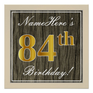 Póster Elegante, Faux Wood, Faux Gold 84th Birthday + Nom