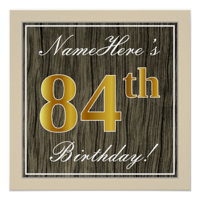 Póster Elegante, Faux Wood, Faux Gold 84th Birthday + Nom (Anverso)