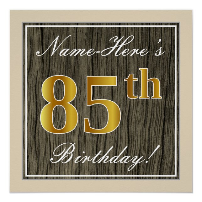 Póster Elegante, Faux Wood, Faux Gold 85th Birthday + Nom (Anverso)