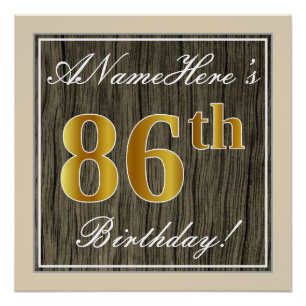Póster Elegante, Faux Wood, Faux Gold 86th Birthday + Nam