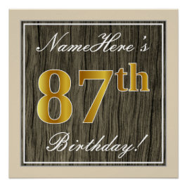 Póster Elegante, Faux Wood, Faux Gold 87th Birthday + Nom