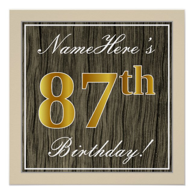 Póster Elegante, Faux Wood, Faux Gold 87th Birthday + Nom (Anverso)