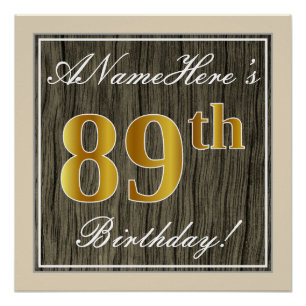 Póster Elegante, Faux Wood, Faux Gold 89th Birthday + Nom