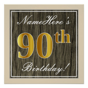 Póster Elegante, Faux Wood, Faux Gold 90th Birthday + Nam