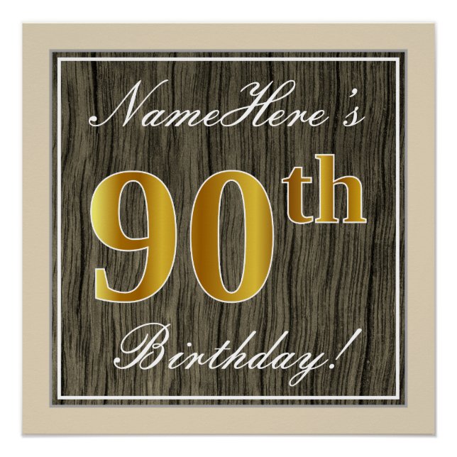 Póster Elegante, Faux Wood, Faux Gold 90th Birthday + Nam (Anverso)