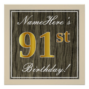 Póster Elegante, Faux Wood, Faux Gold 91st Birthday + Nom