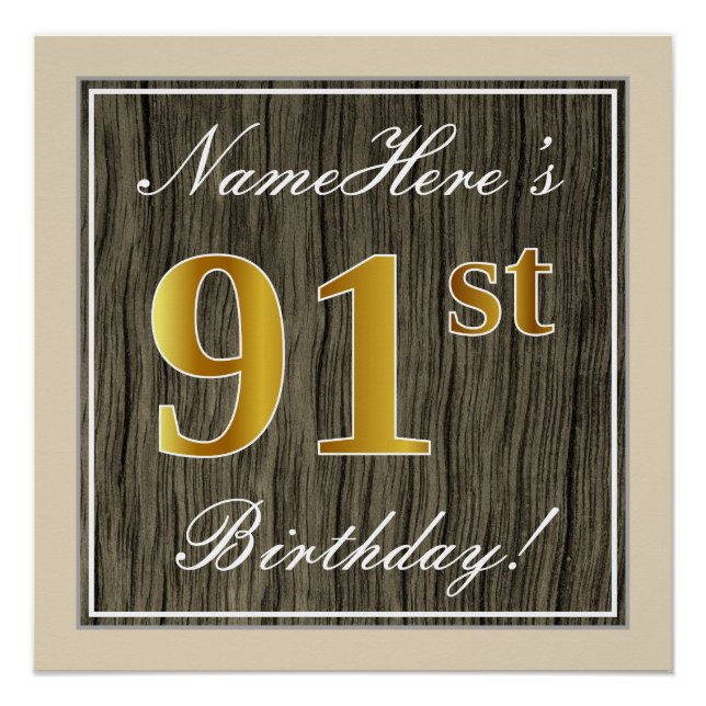 Póster Elegante, Faux Wood, Faux Gold 91st Birthday + Nom (Anverso)
