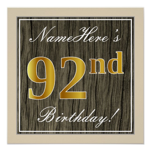 Póster Elegante, Faux Wood, Faux Gold 92nd Birthday + Nom (Anverso)