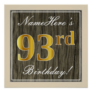 Póster Elegante, Faux Wood, Faux Gold 93rd Birthday + Nam