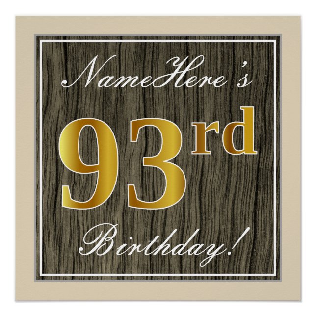 Póster Elegante, Faux Wood, Faux Gold 93rd Birthday + Nam (Anverso)