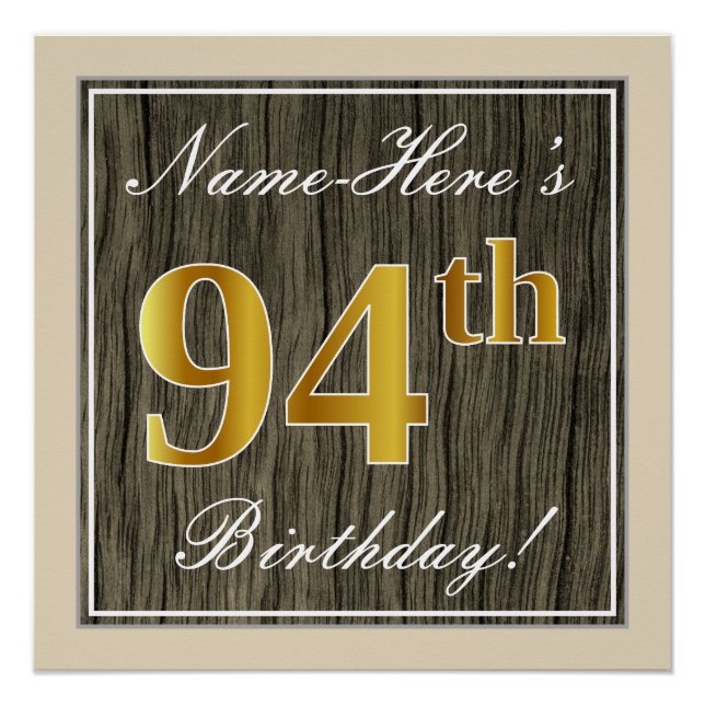 Póster Elegante, Faux Wood, Faux Gold 94th Birthday + Nom (Anverso)