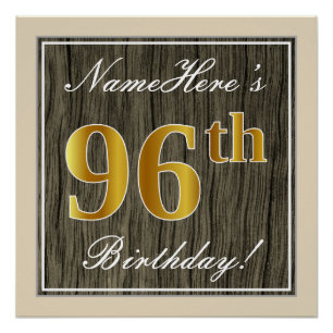 Póster Elegante, Faux Wood, Faux Gold 96th Birthday + Nam