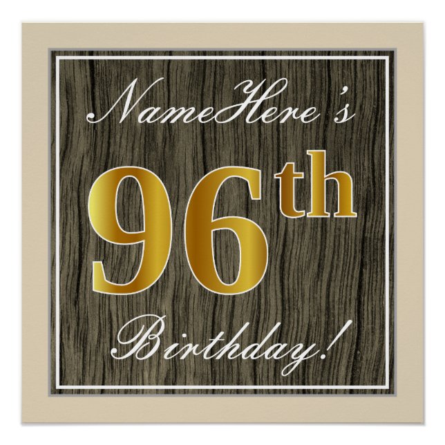 Póster Elegante, Faux Wood, Faux Gold 96th Birthday + Nam (Anverso)