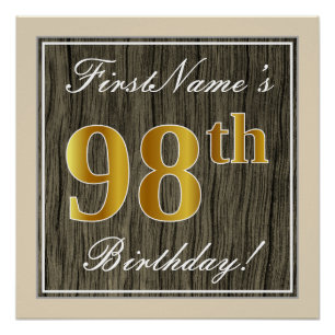 Póster Elegante, Faux Wood, Faux Gold 98th Birthday + Nam