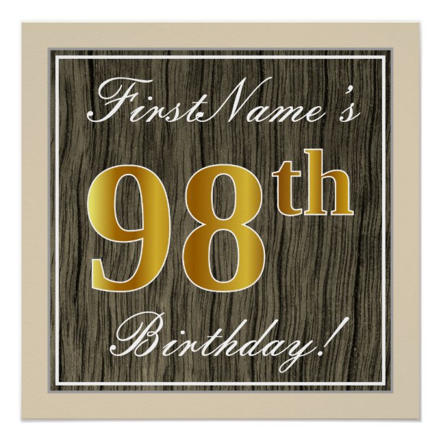 Póster Elegante, Faux Wood, Faux Gold 98th Birthday + Nam (Anverso)
