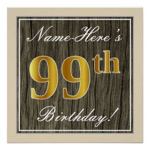 Póster Elegante, Faux Wood, Faux Gold 99th Birthday + Nom