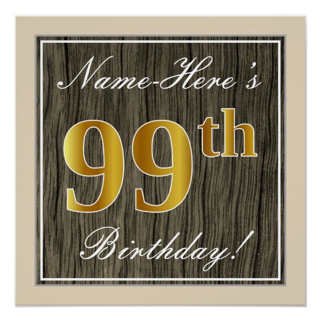 Póster Elegante, Faux Wood, Faux Gold 99th Birthday + Nom (Anverso)