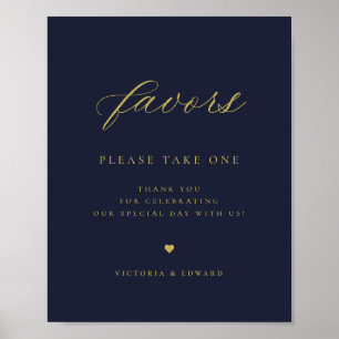 Póster Elegante Favor de la Boda Azul de la Marina de Oro