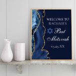 Póster Elegante Fiesta de Bat Mitzvah de la Armada Azul d<br><div class="desc">Elegante ágata azul marino y oro decora el lado de este moderno poster de bienvenida Bat Mitzvah fiesta. El nombre de su hija está escrito en un hermoso guión formal bajo la Estrella de David. Perfecto para una moda, elegante familia judía celebrando la llamada de un chica a la Torá....</div>