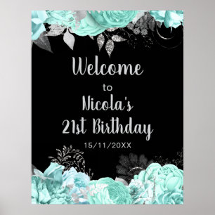 Póster Elegante fiesta de cumpleaños de flores verdes y p
