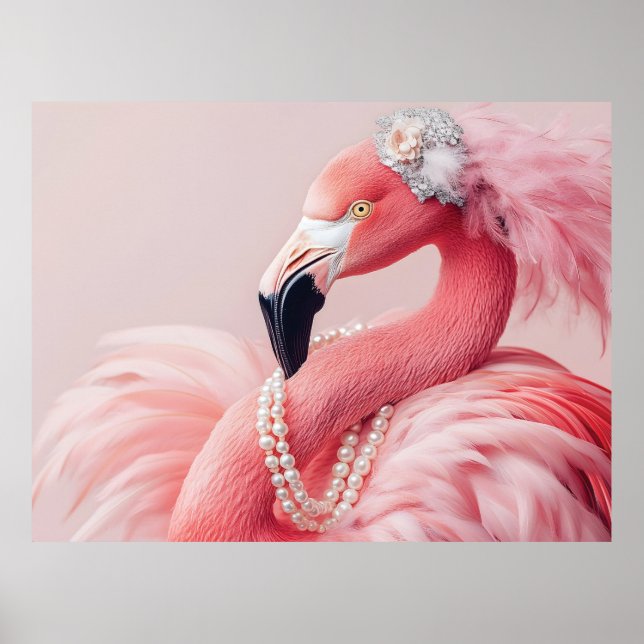 Póster Elegante flamenco rosa con perlas y plumas (Frente)