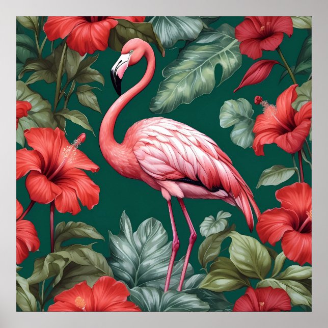 Póster Elegante Flamingo Hibiscus Flowers Emerald Green (Frente)