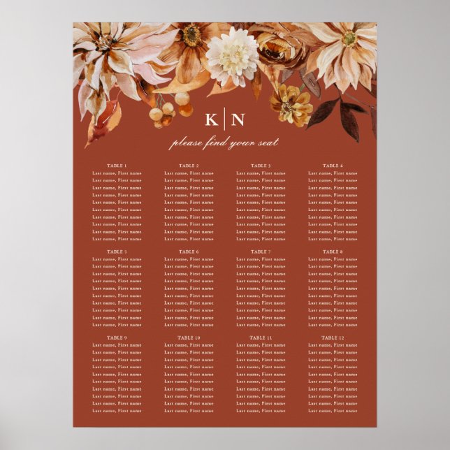 Póster Elegante floral acuática otoñal | Asientos Bodas (Frente)