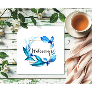 Póster Elegante Floral azul "Bienvenida" acuarela Art