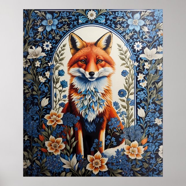 Póster Elegante Floral Azul William Morris Inspirado Fox (Frente)