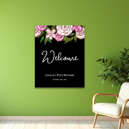 Póster Elegante Floral Black 60th Birthday Welcome