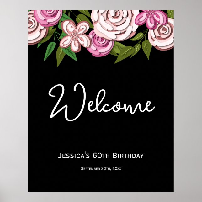 Póster Elegante Floral Black 60th Birthday Welcome (Frente)