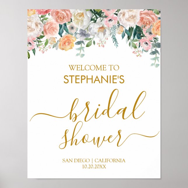 Póster Elegante Floral Bridal Shower Welcome (Frente)