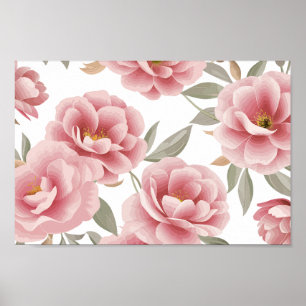 Póster Elegante floral de camelia rosa con hojas verdes