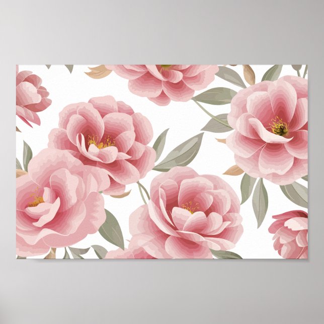 Póster Elegante floral de camelia rosa con hojas verdes (Frente)