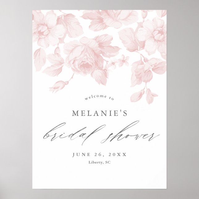 Póster Elegante Floral Guión Rosado Ducha De Novias Bienv (Frente)