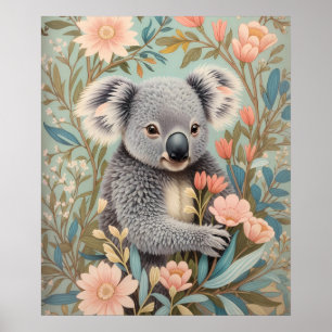 Póster Elegante Floral Pastel de Koala Adorable