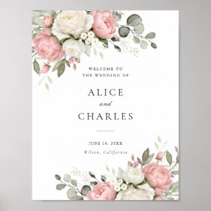 Póster Elegante Floral Rosa Claro con Verde Bienvenida de
