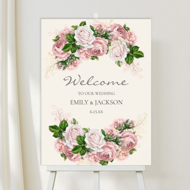 Póster Elegante floral rosa de Rubor con Boda crema (Blush pink vintage floral wedding welcome sign)