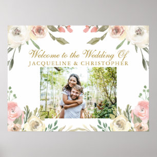 Póster Elegante Floral Rosa Dorado para Boda de Fotos