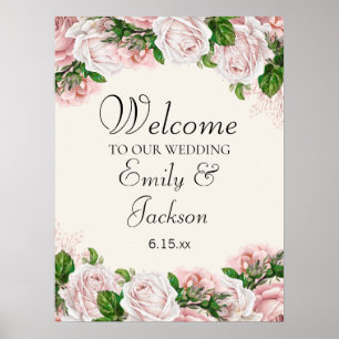 Póster Elegante Floral Rosa en Crema para Boda