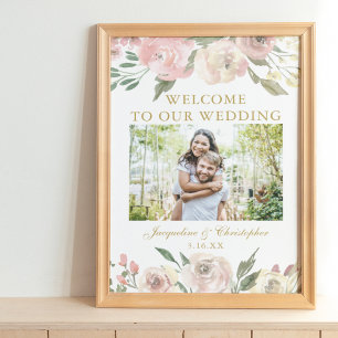Póster Elegante Floral Rosa Oro Foto Boda Bienvenida