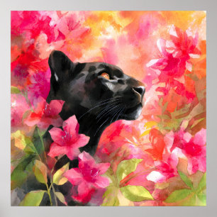 Póster Elegante floreciente Floral Wild Panther Negro