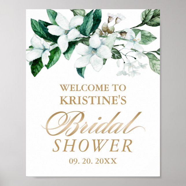 Póster Elegante Flores Acuarela Verde Shower Nupcial (Frente)