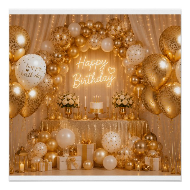 Póster Elegante fondo de globos de cumpleaños en oro y bl (Anverso)