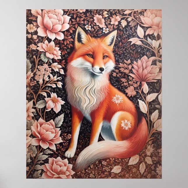 Póster Elegante Fox Floral Rosa William Morris inspirado (Frente)