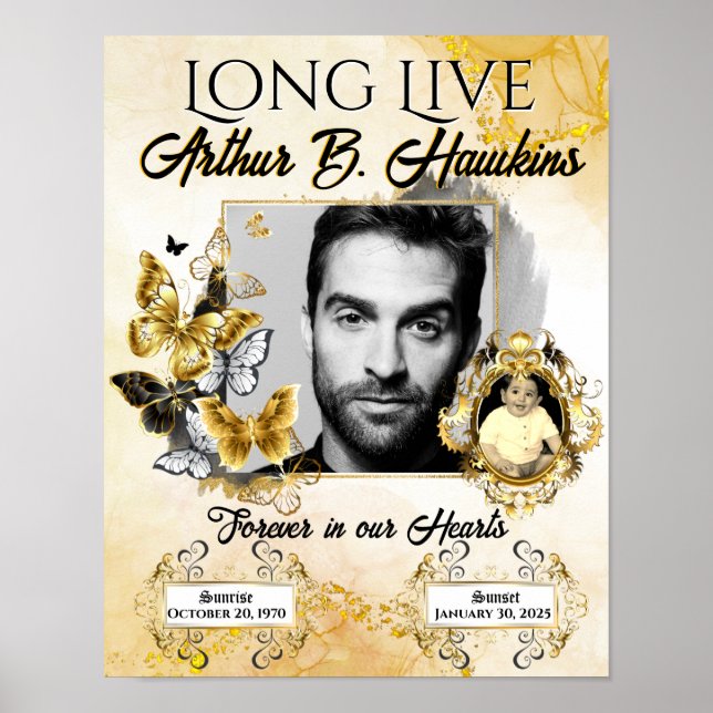 Póster Elegante funeral negro y oro 2 fotos funeral (Frente)