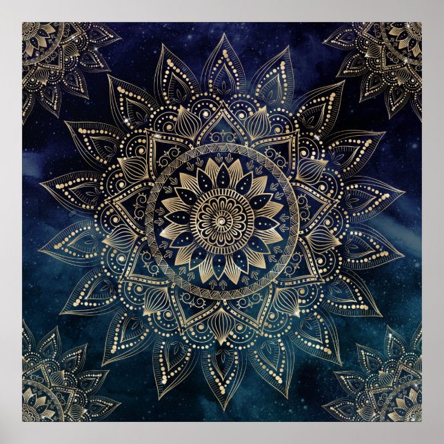 Póster Elegante galaxia azul Mandala dorada (Frente)